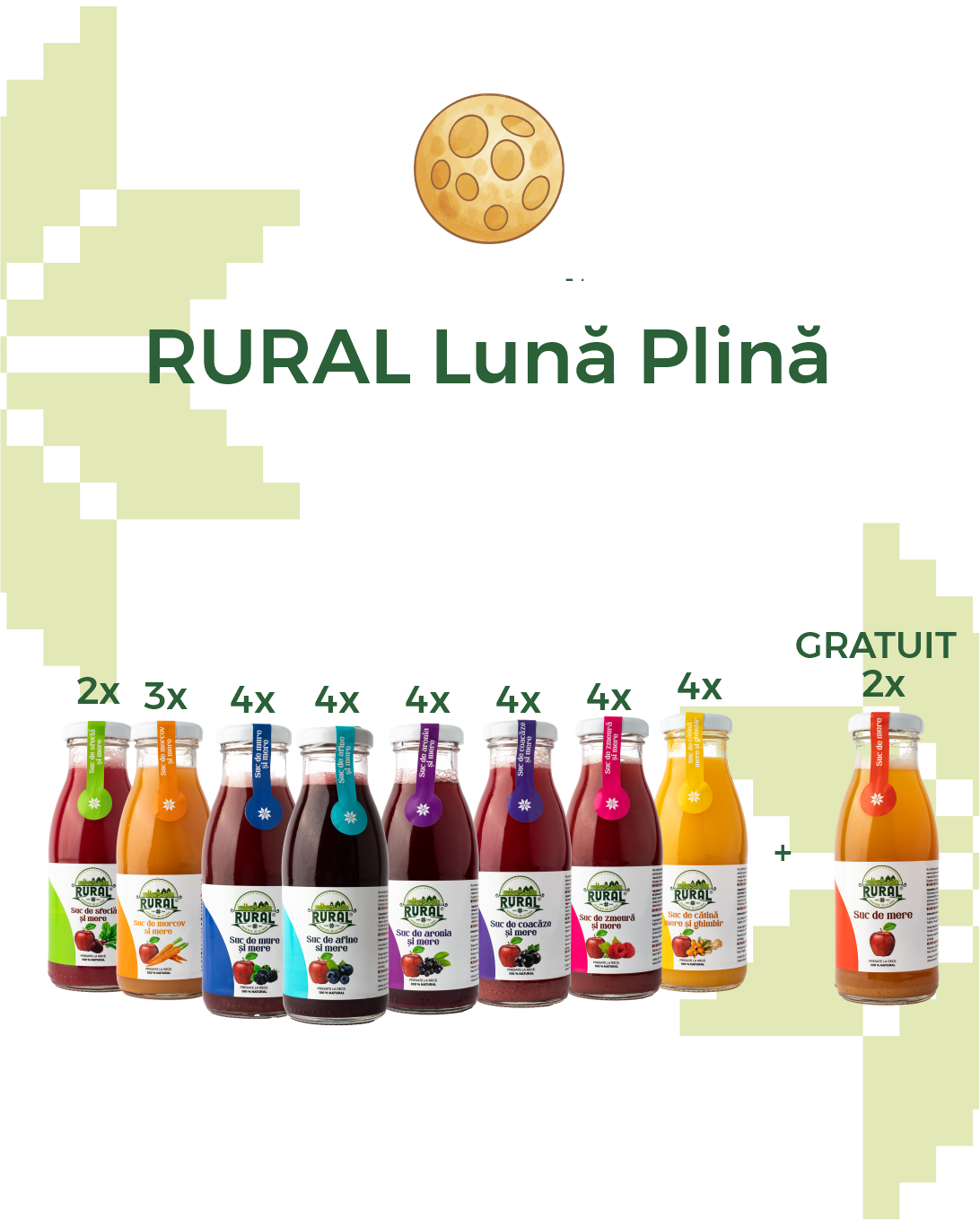 Pachet Sucuri Naturale 100% Cătină, Coacăze, Zmeură, Aronia, Afine, Mure, Morcov, Sfeclă și Mere + 2 Sticle de Mere Gratuit 29*250ml